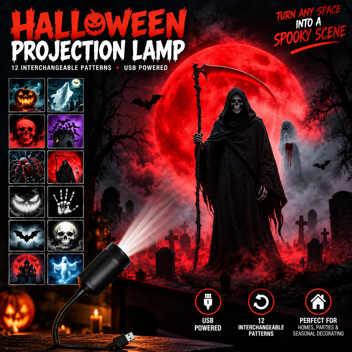 12-Pattern Halloween Projector Light